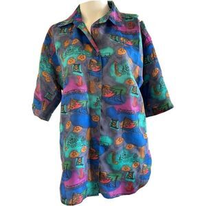 90s vintage rainbow button up nautical sailor ocean print short sleeve women’s M